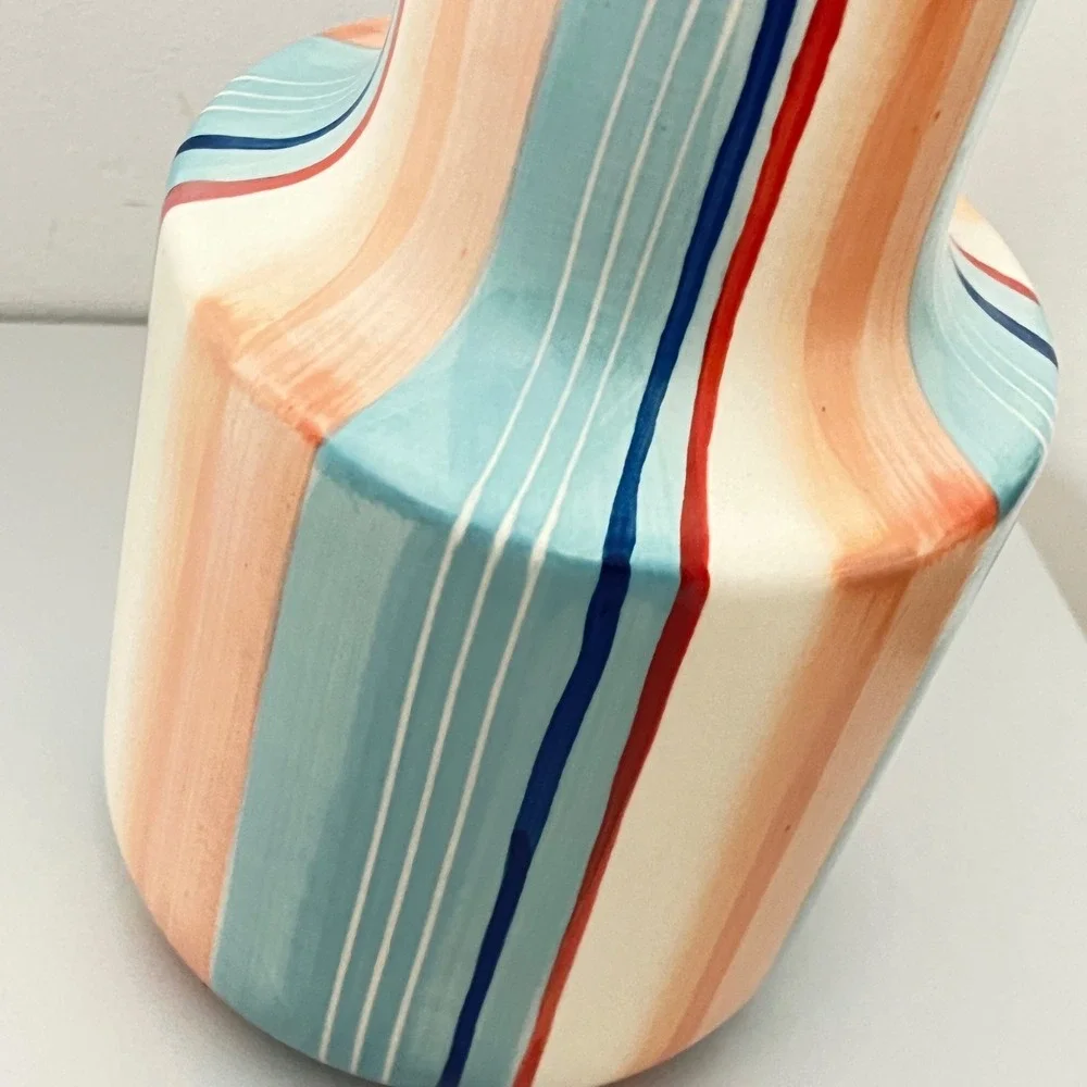 Pier 1 Imports Ceramic Vase Home Decor OS Blue Coral Striped Hand‎ Painted 9.5in